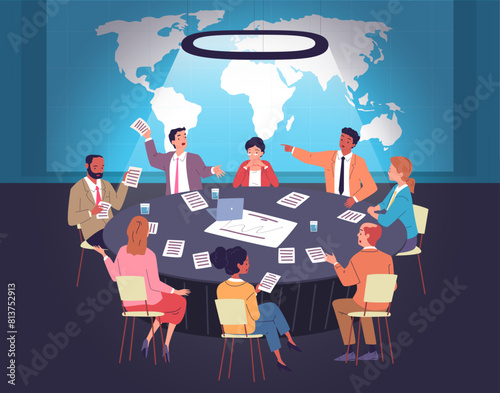 Negotiation table. Political meeting or board of directors in corporate boardroom, government council discuss global diplomacy international conference, classy vector illustration