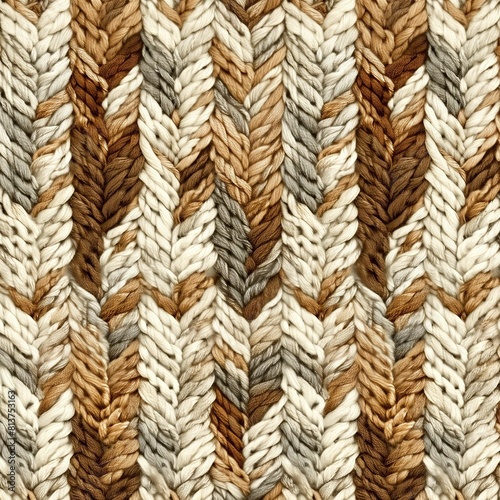 the texture of a knitted sweater with a herringbone pattern with natural brown and beige shades. The texture of a woolen thing in close-up