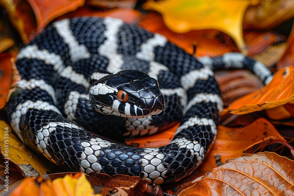 Fototapeta premium California Kingsnake: Slithering through fallen leaves with bold black and white bands, highlighting pattern.