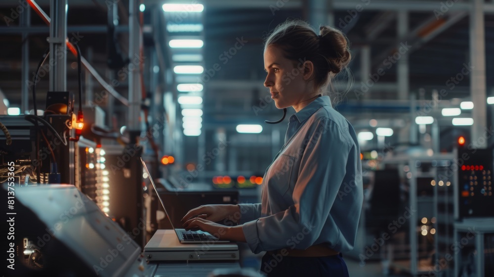 The factory manager is standing on a platform, using a laptop computer and overseeing production at modern automated electronics manufacturing facilities with AI assistance. The factory manager is standing on a platform, using a laptop computer and overseeing production at modern automated electronics manufacturing facilities with AI assistance.