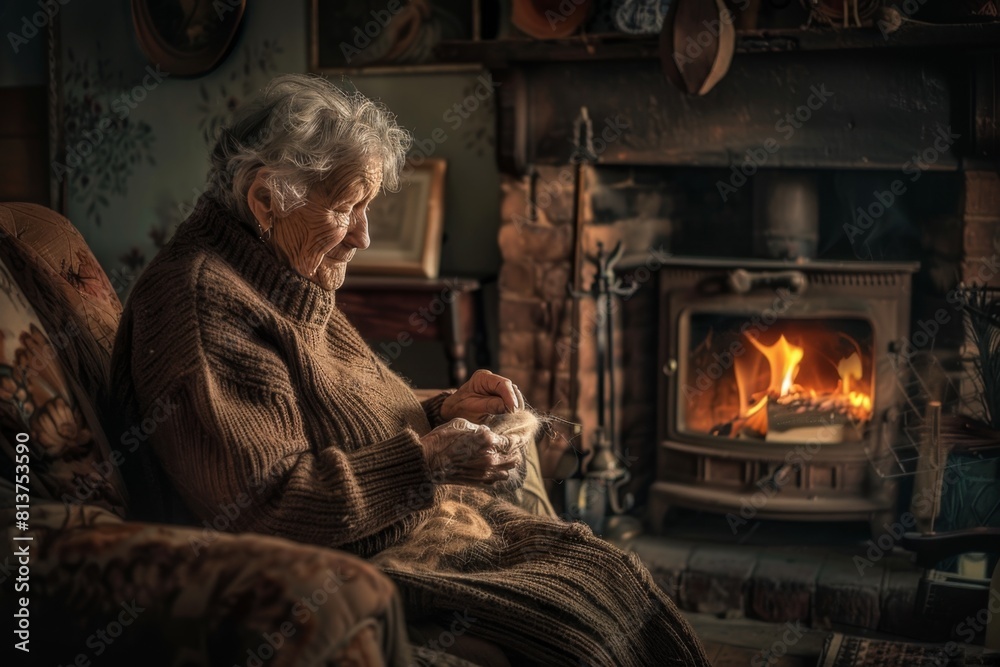 Elderly woman sitting in chair in front of fireplace with knitting Elderly woman sitting in chair in front of fireplace with knitting