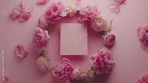 an aesthetic Valentine's Day and Mother's Day mockup template, featuring a wreath made of pink peonies flowers and a blank square paper sheet on a pink background with copy space. © lililia