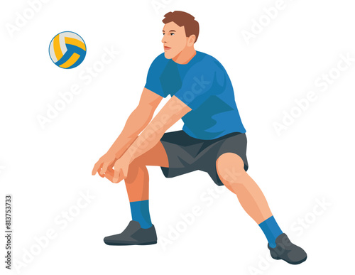 Isolated figure of a volleyball player in blue t-shirt who hits and pass the ball