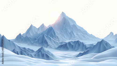 Early Morning Serenity: Flat Design Dawn Over Snowy Peaks Icon Sunrise Isometric Scene Adobe Stock