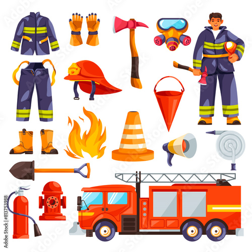 Cartoon firefighter equipment. Fire fighting tools, fireman protection uniform firefighting firemen rescue gear red helmet flasher hose extinguisher icon recent vector illustration