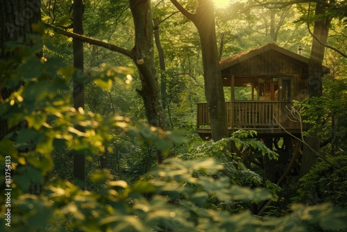 A closeup view of a cozy wooden treehouse surrounded by lush foliage in the woods