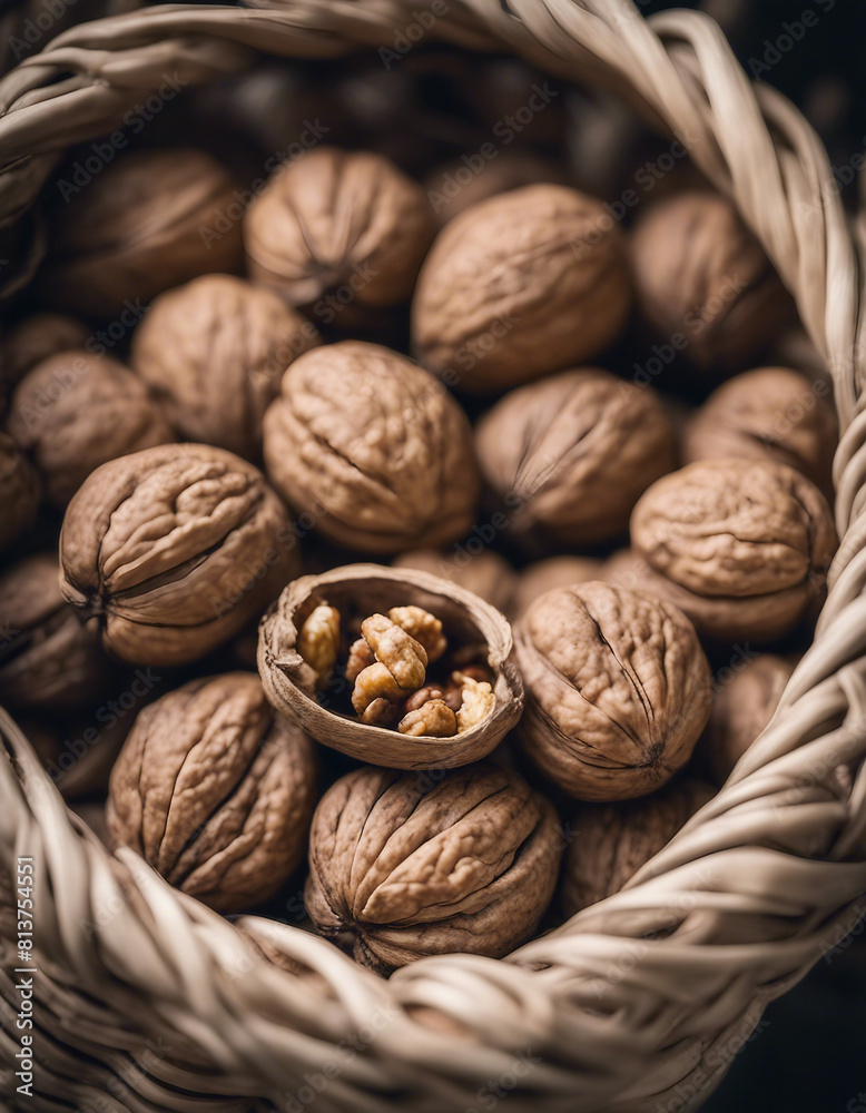 Shelled walnuts in the basket. Natural and organic village walnuts. There is also some shelled almon
