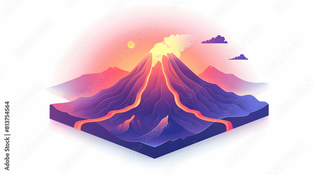Isometric Erupting Volcano at Dusk: Dramatic Glow Over Rugged Landscape Simple Flat Design Concept Isometric Erupting Volcano at Dusk: Dramatic Glow Over Rugged Landscape Simple Flat Design Concept