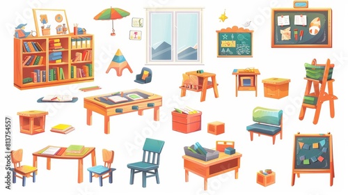 Modern cartoon set of furniture in classroom, kids paintings and toy blocks isolated on white background. It shows books on shelves, chalkboards, desks with chairs.