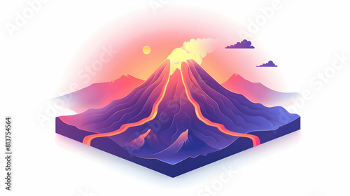 Isometric Erupting Volcano at Dusk: Dramatic Glow Over Rugged Landscape Simple Flat Design Concept