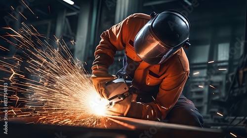 Industrial worker in protective gear using angle grinder