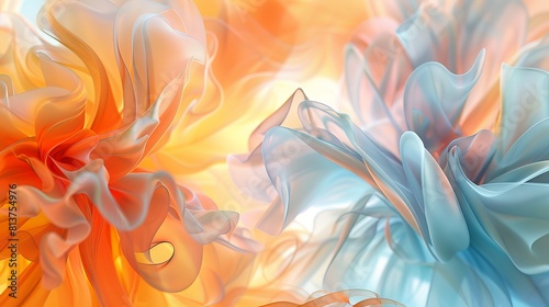 Abstract background with colorful flowers in the style of flowing forms, a light orange and blue, a white backdrop