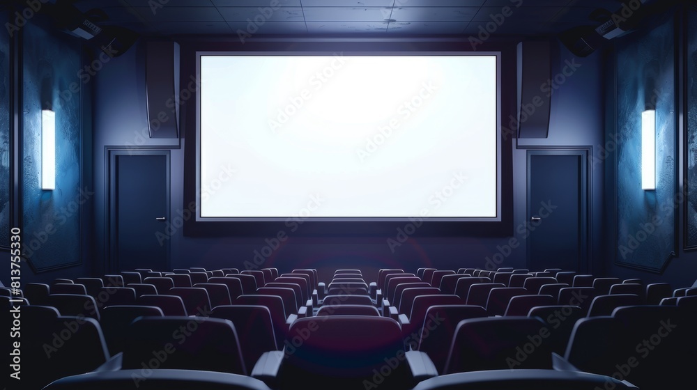 Cinema screen with lightbox in movie theater hall with rows of seats. Empty plasma panel for a video presentation on dark wall background. Cinema screen with lightbox in movie theater hall with rows of seats. Empty plasma panel for a video presentation on dark wall background.
