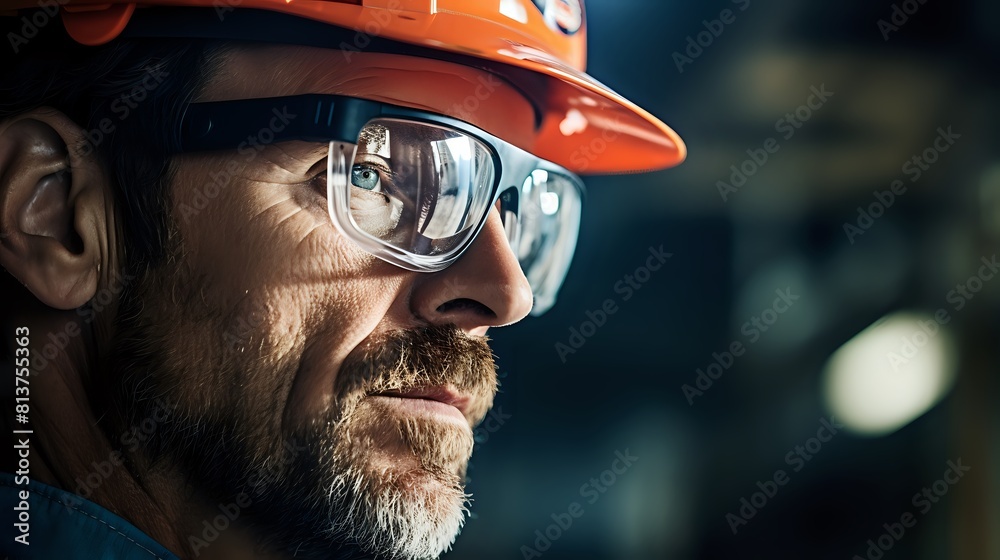 Closeup portrait of a male worker wearing a hard hat and safety Closeup portrait of a male worker wearing a hard hat and safety