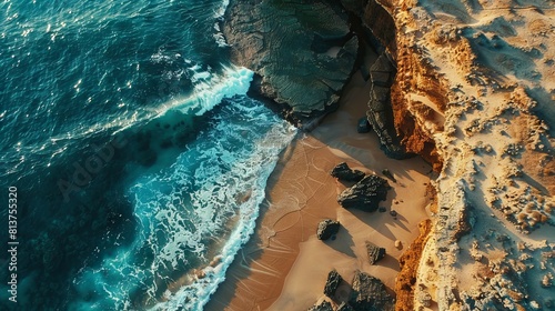 Aerial drone top view shot of rocky beach with cliff. Indian ocean shore. 