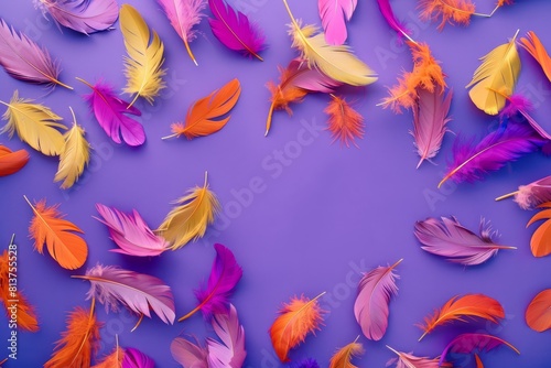 Colorful feathers of various sizes and shapes scattered on a vibrant purple background, creating an eye-catching display with ample copy space