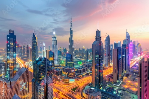 The bustling Dubai skyline at dusk, with colorful skyscrapers and illuminated streets creating a vibrant cityscape