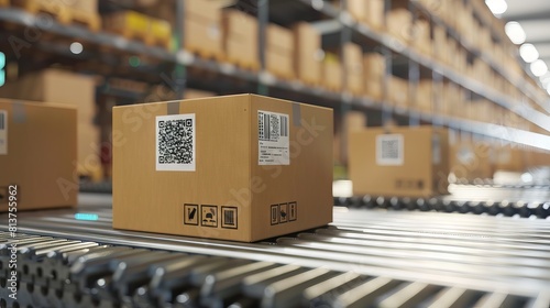 Automatic logistics management. smart packaging into the warehouse workflow, Cardboard box tags and QR codes for efficient tracking, photo