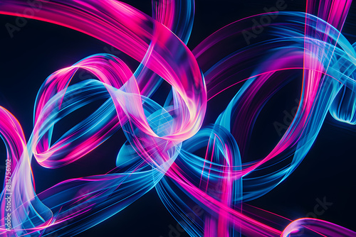 Dynamic neon patterns in blue and pink intertwining to create a visually striking composition. Bold artwork on black background.