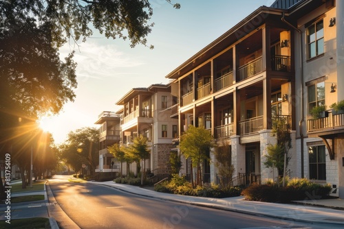 A street filled with three-story apartment buildings illuminated by the warm glow of the setting sun