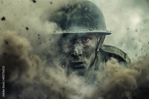 Portrait of a WW1 soldier, face covered in grime, charging out of a trench amidst smoke and gunfire on the Western Front