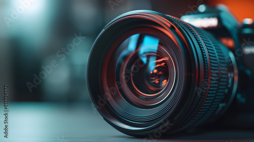 Detailed close-up of a camera lens displaying its intricate design and vibrant reflective elements  set against a subtly blurred background of the camera body
