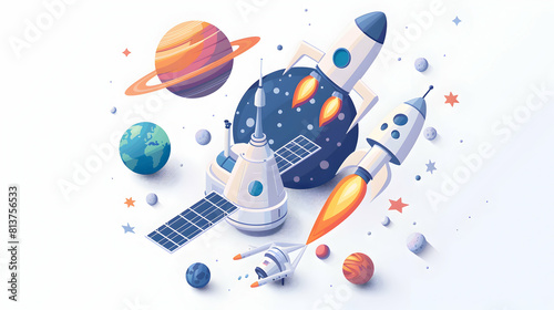 Interplanetary Navigation Concept: Engineers Developing Navigation Systems for Interplanetary Missions with Simple Flat Design Icon in Isometric Scene