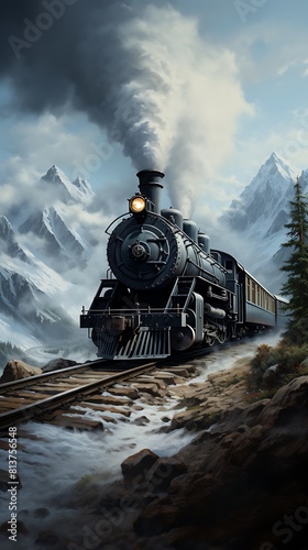 A steam locomotive chugging through the mountains