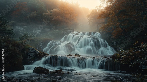 Energetic waterfall flowing through untamed green landscape at dawn
