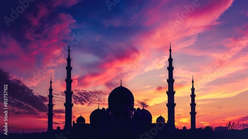 A grand mosque stands tall, silhouetted against the colorful canvas of the Eid ul Azha sky, embodying the spirit of faith and celebration photo
