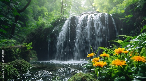 Morning serenity of waterfall in vibrant green nature landscape