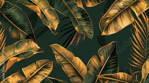 A seamless pattern of golden banana leaves on dark green background, line art with boho style, vector illustration for wall paper print, digital artwork, vector design, hand drawn, hand drawing photo