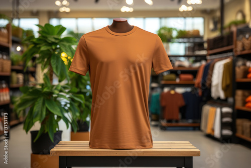 Blank orange t-shirt on display in store, mockup