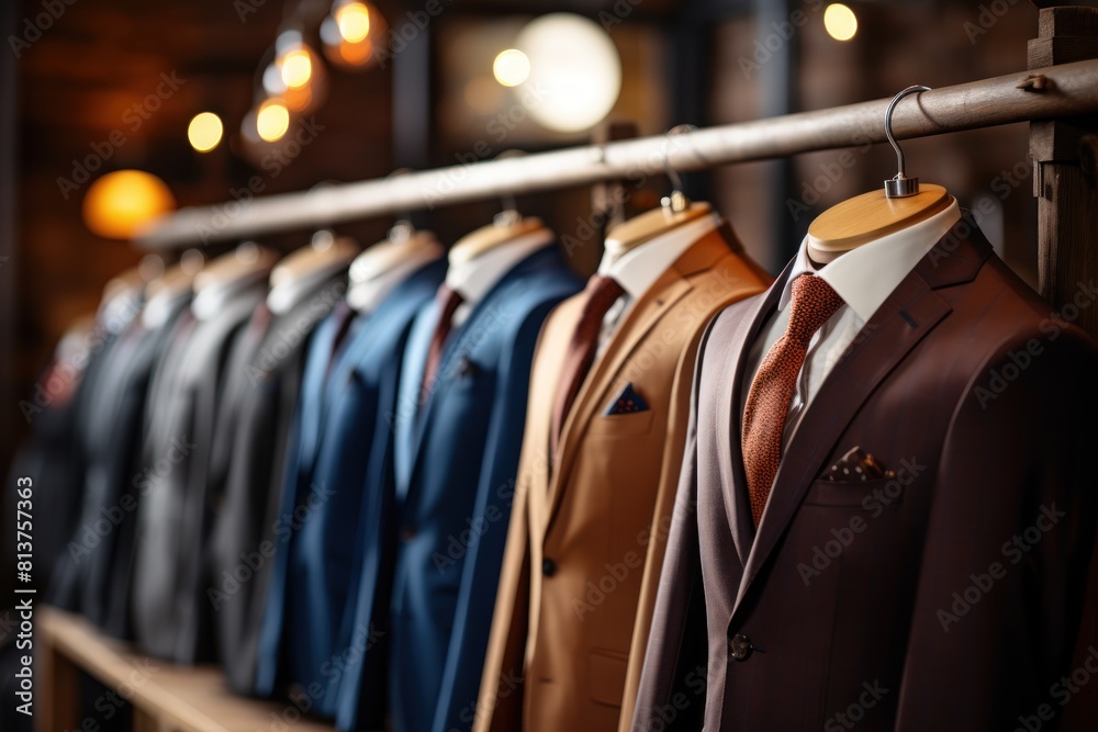 Elegant men's suits hanging on a rack in a boutique Elegant men's suits hanging on a rack in a boutique