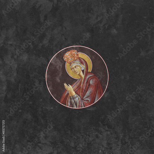 Christian image of the Blessed Virgin Mary. Religious illustration on black stone wall background in Byzantine style