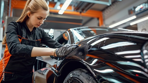 A woman car wrapping specialist at work, car polishing, detailing, wrapping a sports car 