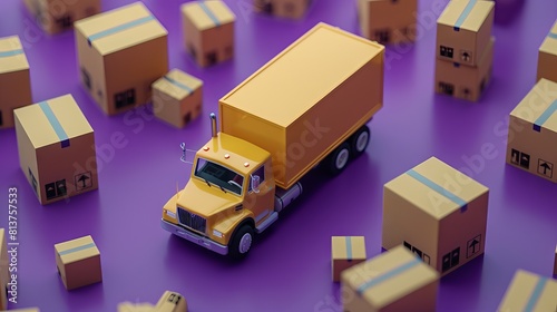A yellow toy delivery truck surrounded by cardboard boxes on a purple background, illustrating the concept of moving or delivery services.  photo