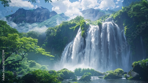 Powerful waterfall amidst wild  verdant scenery in the morning.