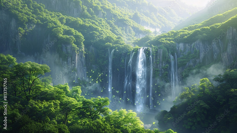 Powerful waterfall amidst wild, verdant scenery in the morning.