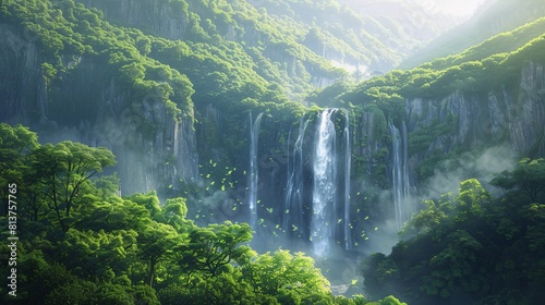 Powerful waterfall amidst wild  verdant scenery in the morning.