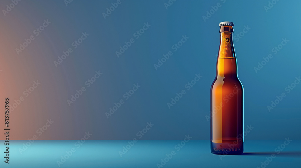 A clean and modern beer bottle stands against a gradient background, transitioning from deep navy blue to soft sky blue.
