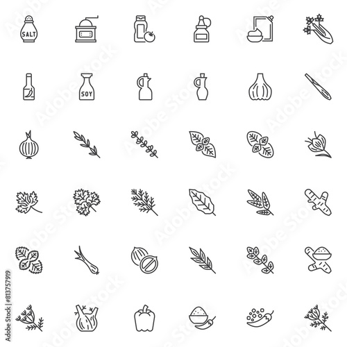 Condiment and herbs line icons set