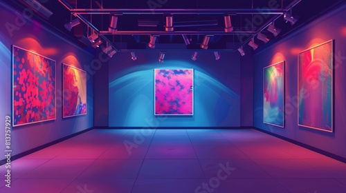 Realistic modern mock-up of an empty art gallery with a banner in the center, illuminated by spotlights. A 3D museum passageway with lights, a photography contest exhibition hall, and a realistic