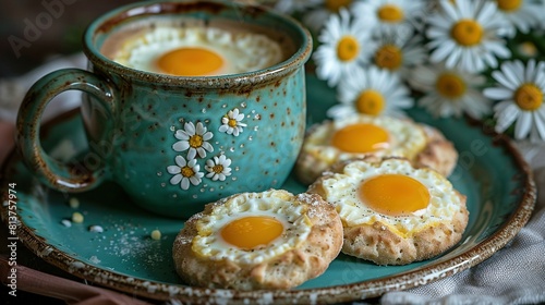  A plate with coffee, biscuits, daisies in the background, and daisies in the foreground