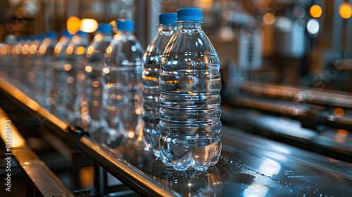 Close-up of Mineral water bottles on production line, plastic, industrial setting photo