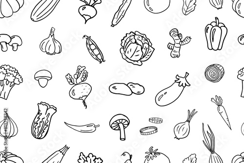Seamless pattern of vegetables in doodle style. Mushrooms, carrots, pumpkin, pepper, cucumber, tomato and other healthy food. Vector illustration EPS10. Hand drawn. Isolated on white background