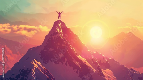 Man Standing Victorious On Majestic Mountain Peak At Glowing Sunrise With Colorful Sky Representing Triumph, Freedom And Achievement