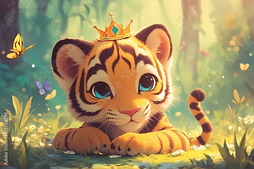 a tiger is wearing a crown