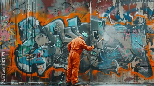 Cleaner worker washing graffiti wall, graffiti remover, vandalism, street art problem.