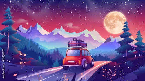 During a journey, the car with luggage on top is on the road at night, and there are coniferous forests, highways, mountains, moons and stars in the sky. It depicts a car journey, journey, and a